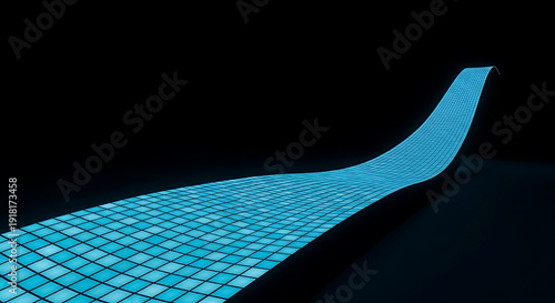 3D Rendered Blue Grid Surface Curving in Dark Space with Glowing Light