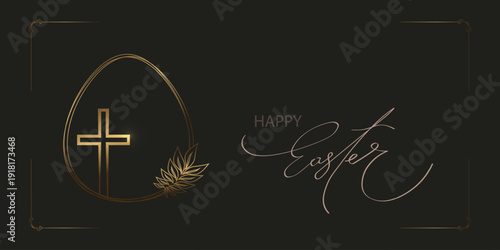 Happy Easter. Festive illustration with an egg and a gold cross.