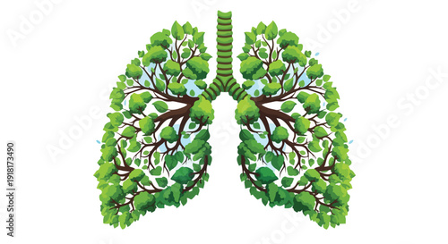 Illustration of lungs made of green leaves and trees on a white background, symbolizing healthy breathing and ecology.