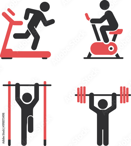 Fitness gym icons set with treadmill running, cycling, pull up and weightlifting, workout training silhouette illustration