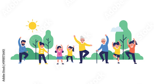 Flat illustration of a diverse group of people doing yoga poses outdoors in a park with trees and sunshine conveying a peaceful and active mood.