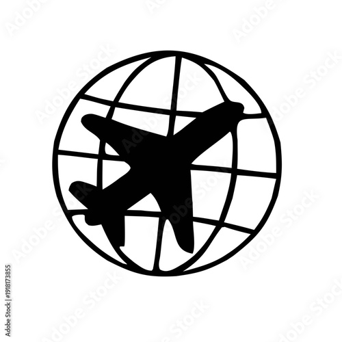 Black travel silhouette,Black icon of airplane flying around the globe. Travel, flight, and international tourism symbol