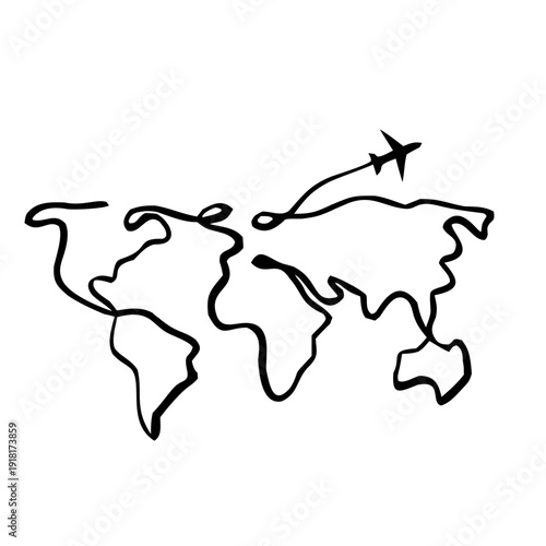 Black travel silhouette,Black icon of airplane flying around the globe. Travel, flight, and international tourism symbol