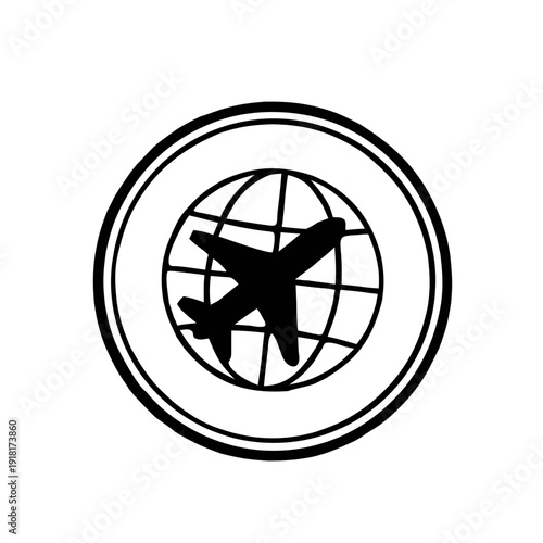 Black travel silhouette,Black icon of airplane flying around the globe. Travel, flight, and international tourism symbol