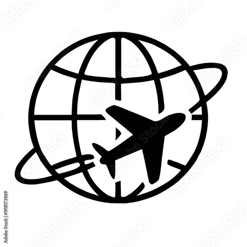 Black travel silhouette,Black icon of airplane flying around the globe. Travel, flight, and international tourism symbol