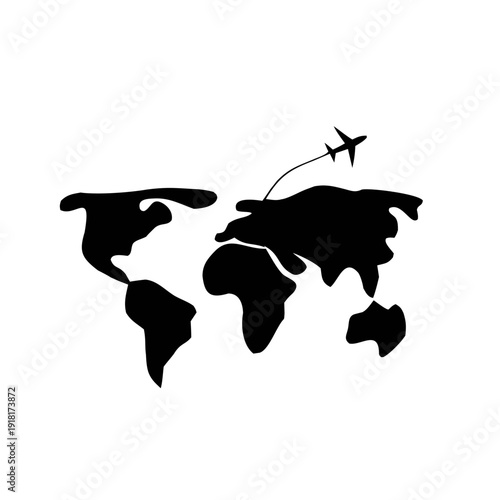 Black travel silhouette,Black icon of airplane flying around the globe. Travel, flight, and international tourism symbol