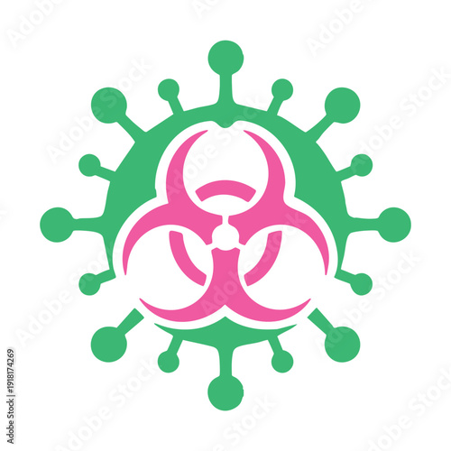 Pink biohazard symbol centered on green virus shape