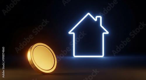 Golden coin next to a glowing house outline on a dark background.
