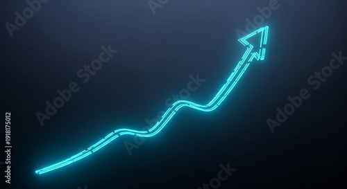 Neon blue arrow graph with upward trend on dark background