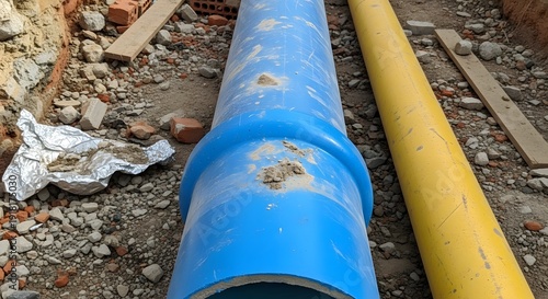 Wallpaper Mural Exposed Construction Pipes with Damaged Blue and Yellow Linings on Rough Ground Torontodigital.ca