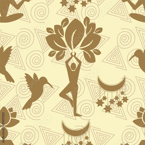 Yoga seamless pattern with tree of life silhouette, hummingbird and moon symbols