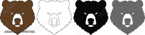 Fierce bear face portrait in brown, outline, black, and pixelated styles, for strong branding