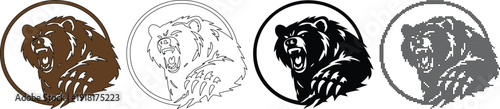 Aggressive bear head logo in a circle, fierce expression, brown, outline, black, and pixelated