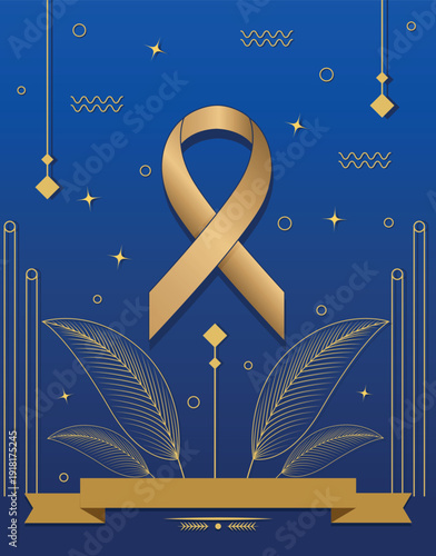 Golden awareness ribbon on blue background
