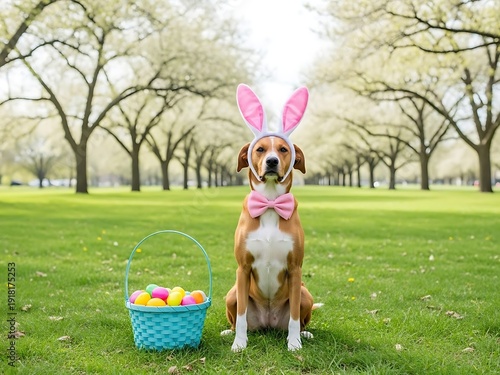 Easter basket fun with dog wearing bunny ears and bow on a green grassy field
