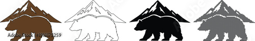 Bear in front of a mountain, symbolizing wilderness and nature, in brown, outline, black, pixel