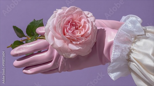 A woman is holding a pink rose in her pink gloves
