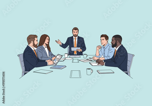 Vector Ilustration Flat Design Business Meeting Discussion with Diverse Team Around Table.