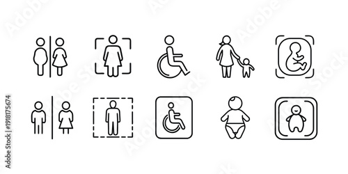 WC and restroom outline icon set with male female sign, disabled accessibility, mother and child, baby care and hygiene symbol, public bathroom and more vector illustration with editable stroke.