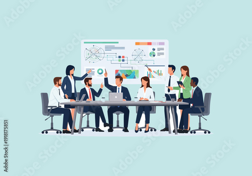 Vector Ilustration Flat Design Business meeting with diverse team collaborating around a table.
