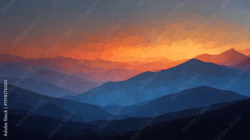 Fototapeta premium Vibrant Sunset Over Layered Blue Mountains - Serene Landscape.