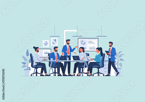 Vector Ilustration Flat Design Business meeting with diverse team collaborating in modern office setting.
