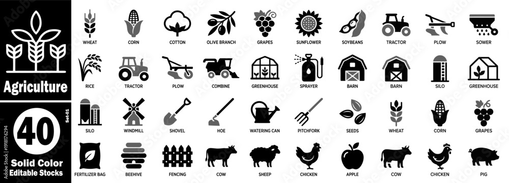 Obraz premium Agriculture solid icons set. Collection of farm and harvest vector editable stock illustration.
