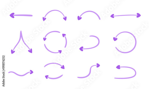 Collection of purple hand drawn arrows with heart shaped tips isolated on white background. Cute vector pointers for planners, social media stories, blog posts and romantic design projects.