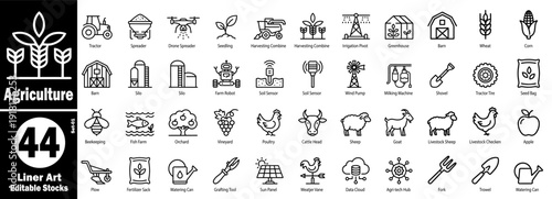 Agriculture equipment and livestock animal line art icons set vector illustration.