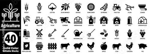 Agriculture solid icons set. Collection of farm and harvest vector editable stock illustration.