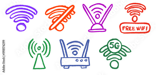 Wifi Internet Related Icons Crayon Chalk Drawing Vector Set