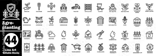 Agro planting icons line art set 01. Smart farming technology and agriculture vector illustration.