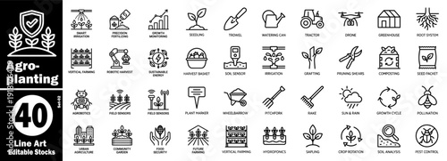 Agro planting line art icons set 02. Smart farming technology and agriculture vector illustration.
