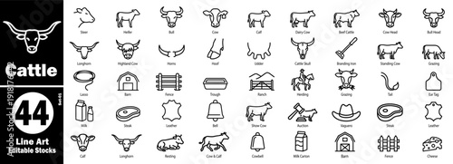 Cattle line art editable stock set. Transparent background vector illustration.