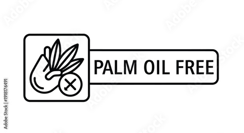Palm oil free label with hand and leaves illustration in a rectangular frame