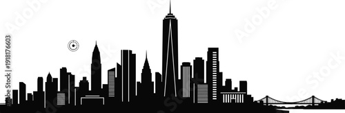 Modern city skyline silhouette panorama with skyscrapers and bridge, urban architecture landscape vector illustration isolated on white background