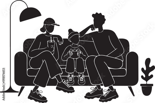 Modern Family Living Room Silhouette Vector Illustration Minimalist Black Isolated Home Lifestyle Scene Premium Stock Design Element