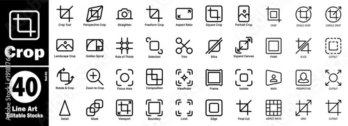 Crop tool icons set. Line art, graphic design, and editing elements vector illustration.
