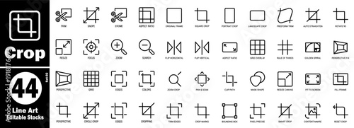 Crop tool icons set. Line art, graphic design, and editing elements vector illustration.