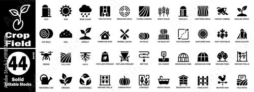 Crop Field Icons set. Black solid agricultural icons for smart farming and land use vector illustration.