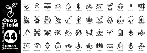Crop Field Icons set. Minimal line art icons for agricultural field and crop growth vector illustration.