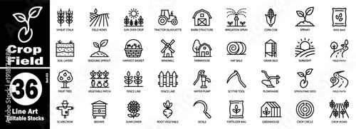 Thin line farming icons depicting crop, harvest, and field life vector illustration.