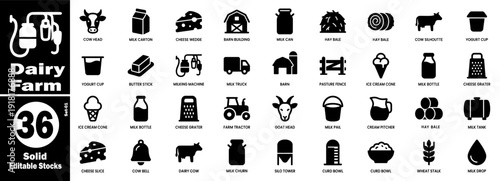Dairy farm solid icons set for milk production and livestock vector illustration.