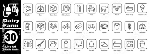 Dairy farm line art editable stock icons set 01, farm products and animals vector illustration.