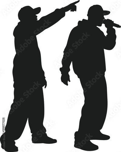 Hip hop rapper silhouettes performing with microphone, urban music artists on stage isolated on white background vector illustration