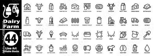 Dairy farm line art editable stock icons set 02, farm products and animals vector illustration.