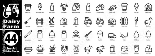 Dairy farm line art editable stock icons set 03, farm products and animals vector illustration.