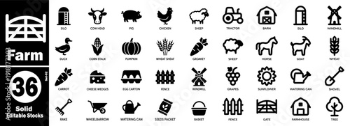 Farm icons set. Including barn tractor, animals, and plants vector illustration.
