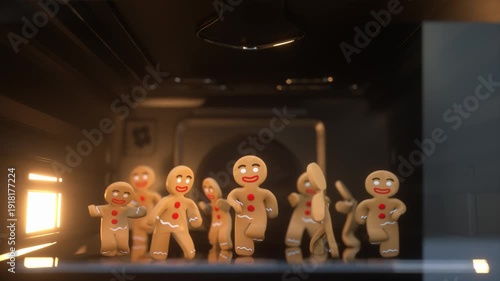 3D cartoon animation gingerbread men Cookies in the oven while they, in the meantime, dance. Merry christmas and Happy New Year background. 