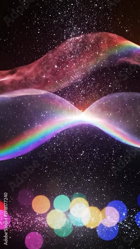 Abstract colorful light waves with sparkling bokeh on a dark starry background